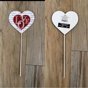 Set of 4 - Heart Shaped-White & Red Glittery-Wooden Valentines Day Floral Picks